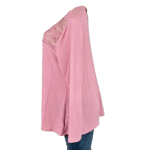 Torrid 0 Pink Textured Sheer Open Mesh Lace Detail Crew Neckline Long Sleeve Top - Picture 3 of 6